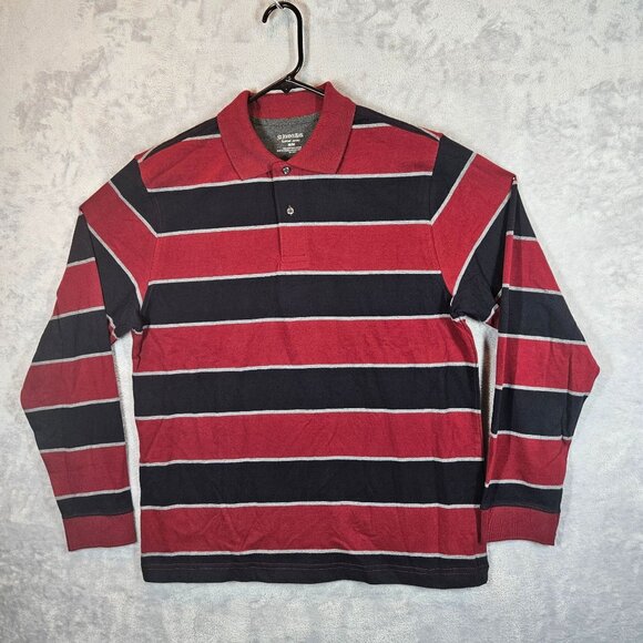 NWT St. Johns Bay Sueded Jersey Men's M Red Navy Striped Long Sleeve Polo Shirt - Picture 1 of 11